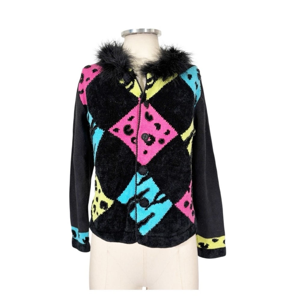 Vintage Y2k 90s Jack B Quick Knit Neon Argyle Feather Collar Cardigan Jacket